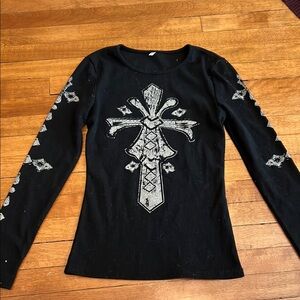 Black Long Sleeve Top with Silver Cross Design